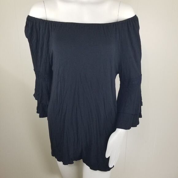 The Hanger blouse Large Black Off Shoulder tunic bell sleeve Peasant Soft Sexy - Picture 3 of 9
